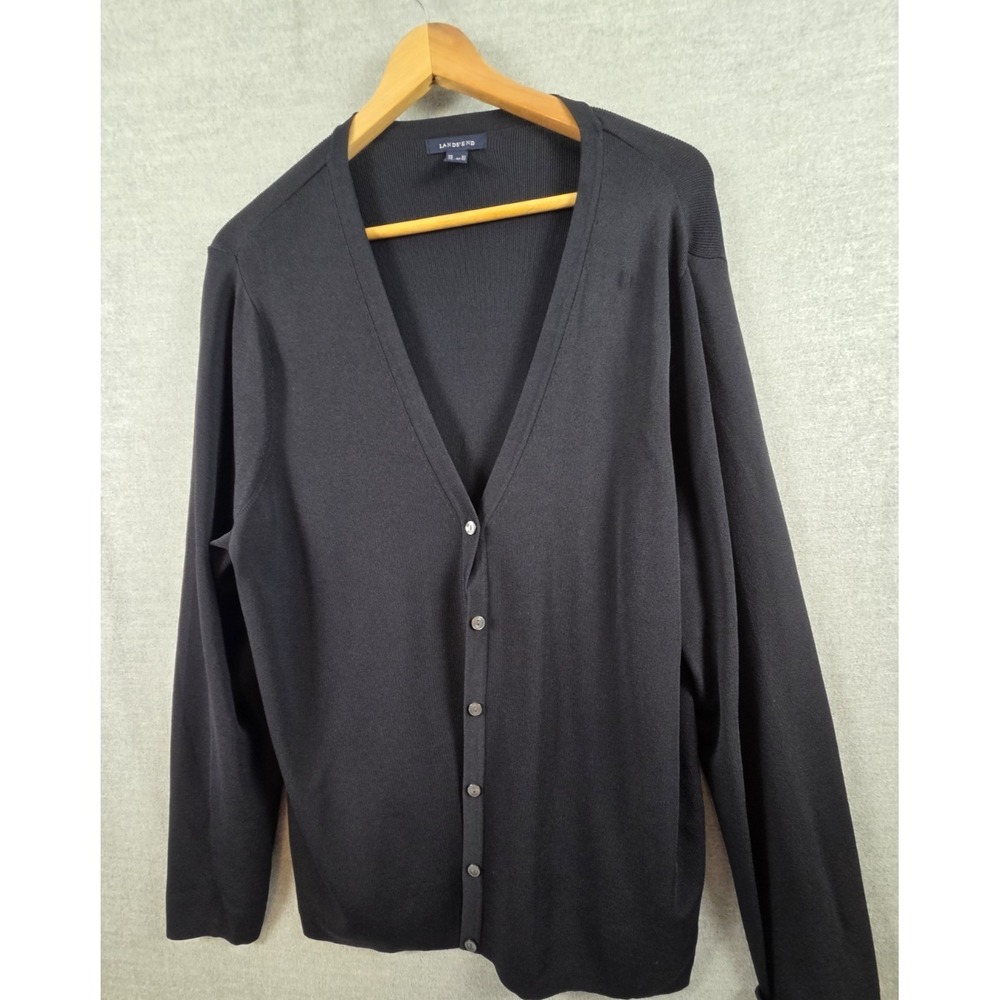Lands End Performance Knit Cardigan Sweater Black 2X Button Up Preppy Career
